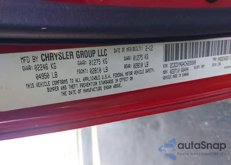 2012 Dodge Challenger Sxt из США, поврежденный, VIN 2C3CDYAG4CH228308